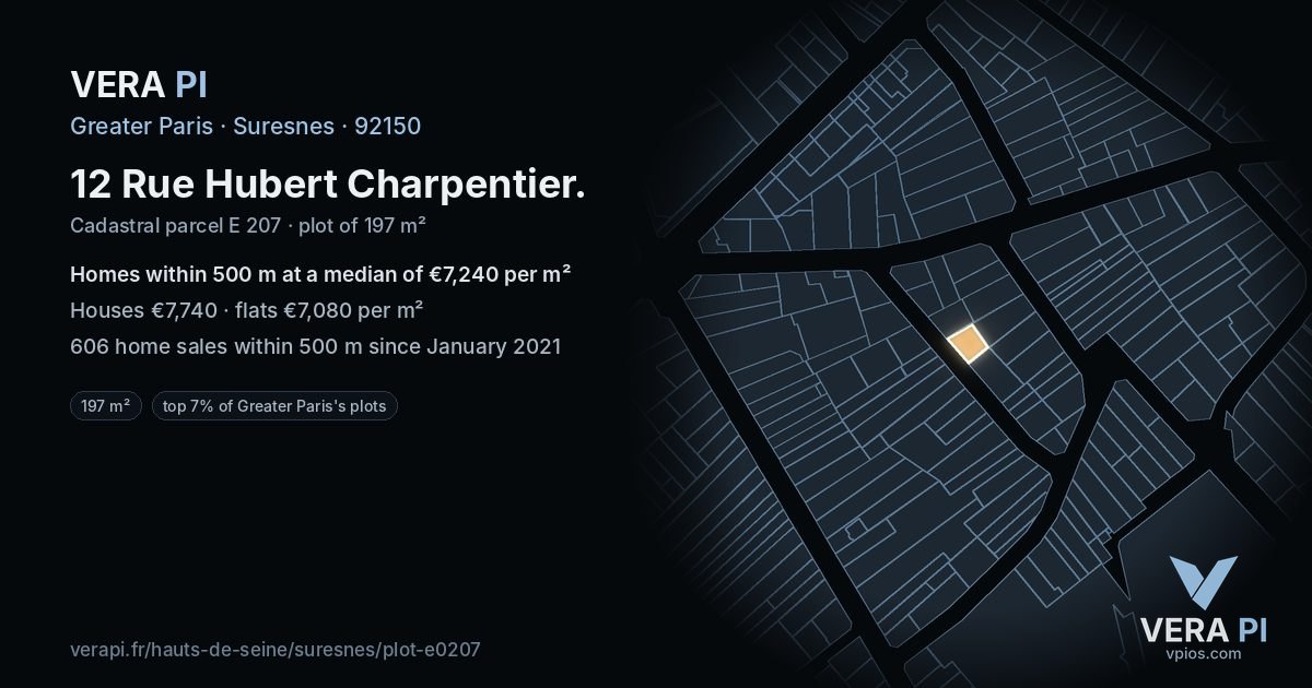 12 Rue Hubert Charpentier, Suresnes at night – the plot lit, the parcels around coloured by the prices near them