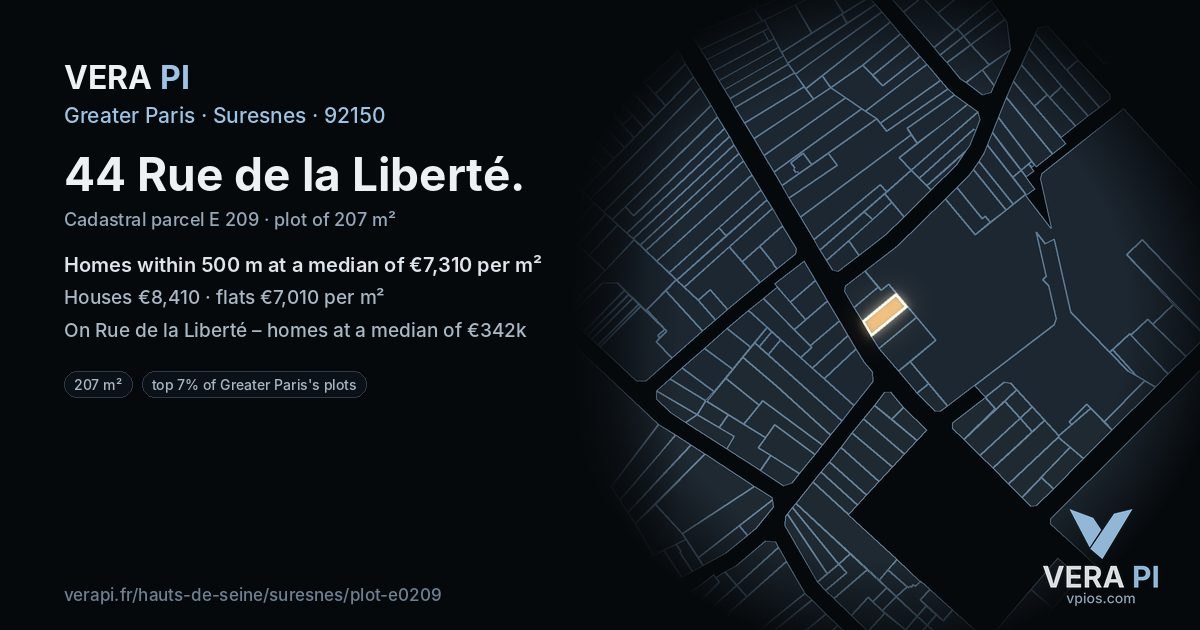 44 Rue de la Liberté, Suresnes at night – the plot lit, the parcels around coloured by the prices near them