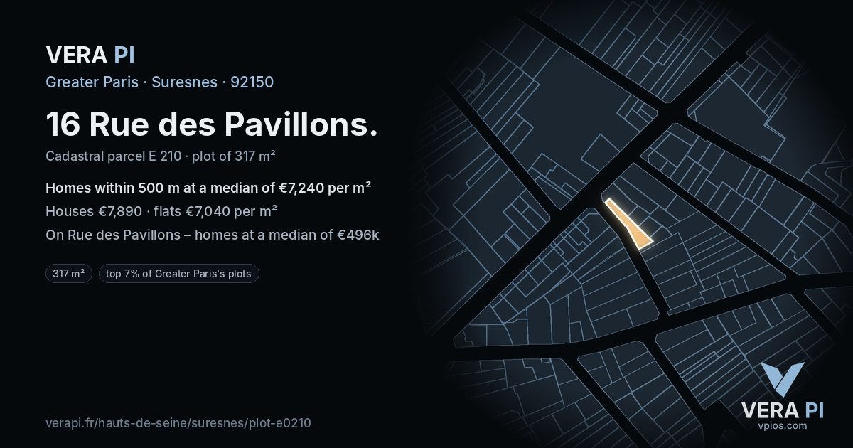 16 Rue des Pavillons, Suresnes at night – the plot lit, the parcels around coloured by the prices near them