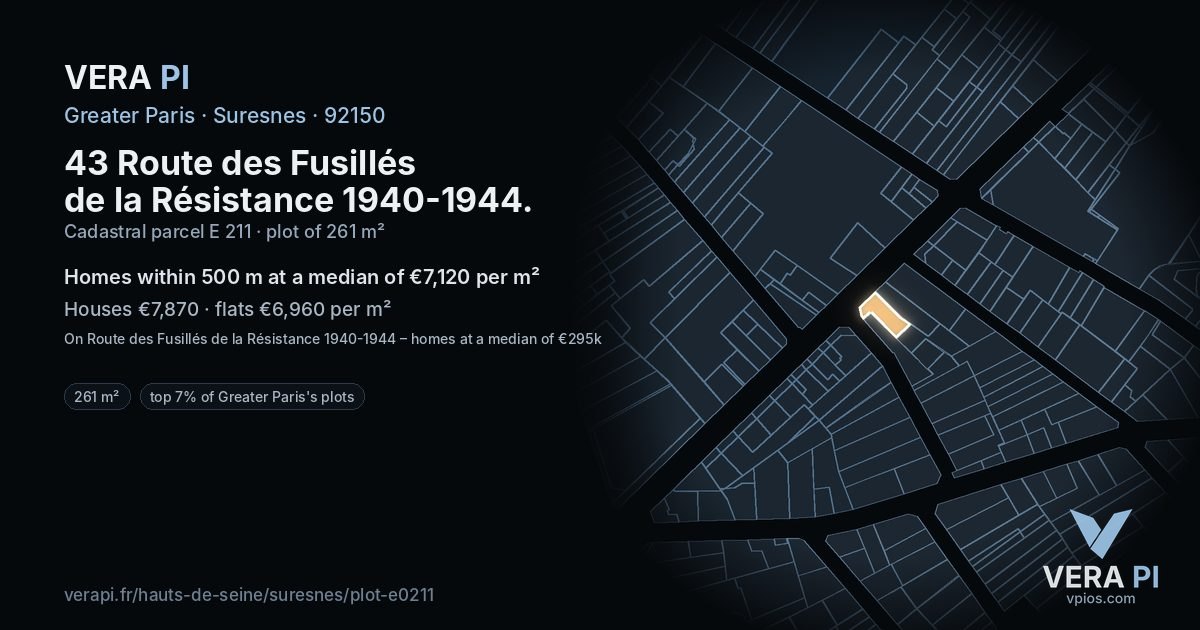 43 Route des Fusillés de la Résistance 1940-1944, Suresnes at night – the plot lit, the parcels around coloured by the prices near them