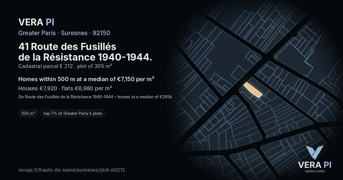 41 Route des Fusillés de la Résistance 1940-1944, Suresnes at night – the plot lit, the parcels around coloured by the prices near them