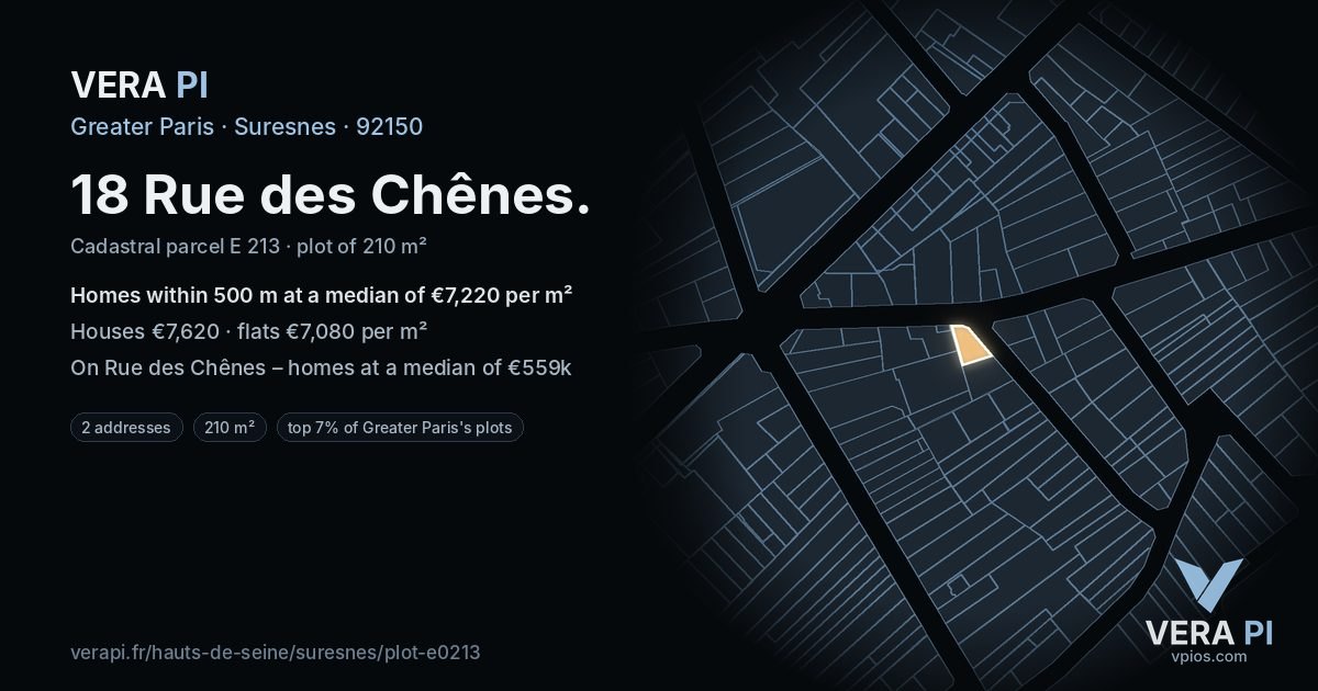 18 Rue des Chênes, Suresnes at night – the plot lit, the parcels around coloured by the prices near them