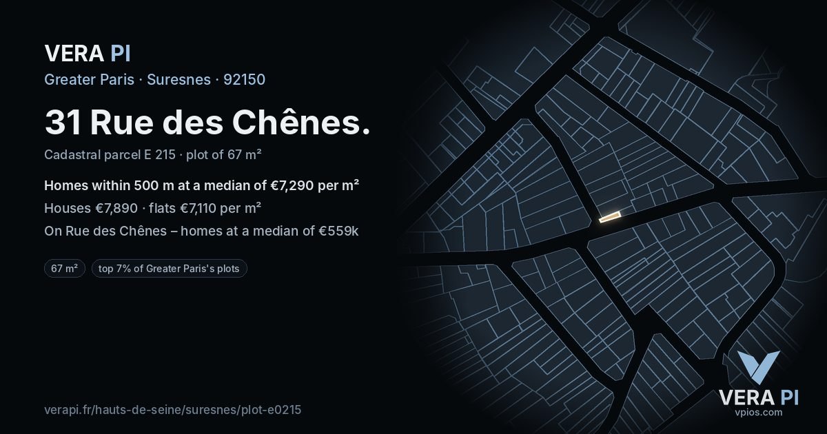31 Rue des Chênes, Suresnes at night – the plot lit, the parcels around coloured by the prices near them