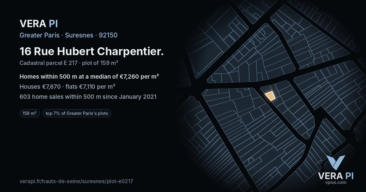 16 Rue Hubert Charpentier, Suresnes at night – the plot lit, the parcels around coloured by the prices near them