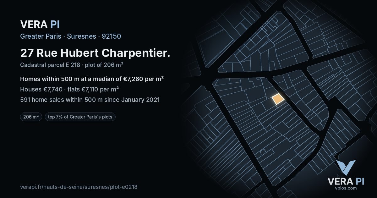 27 Rue Hubert Charpentier, Suresnes at night – the plot lit, the parcels around coloured by the prices near them