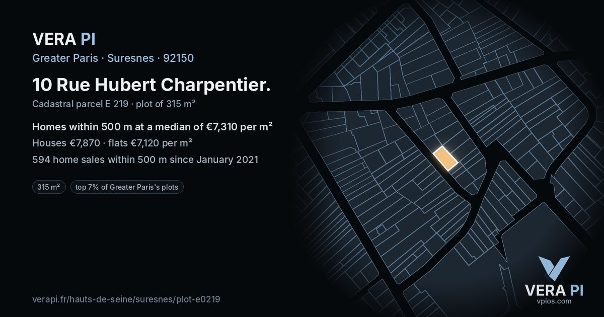 10 Rue Hubert Charpentier, Suresnes at night – the plot lit, the parcels around coloured by the prices near them
