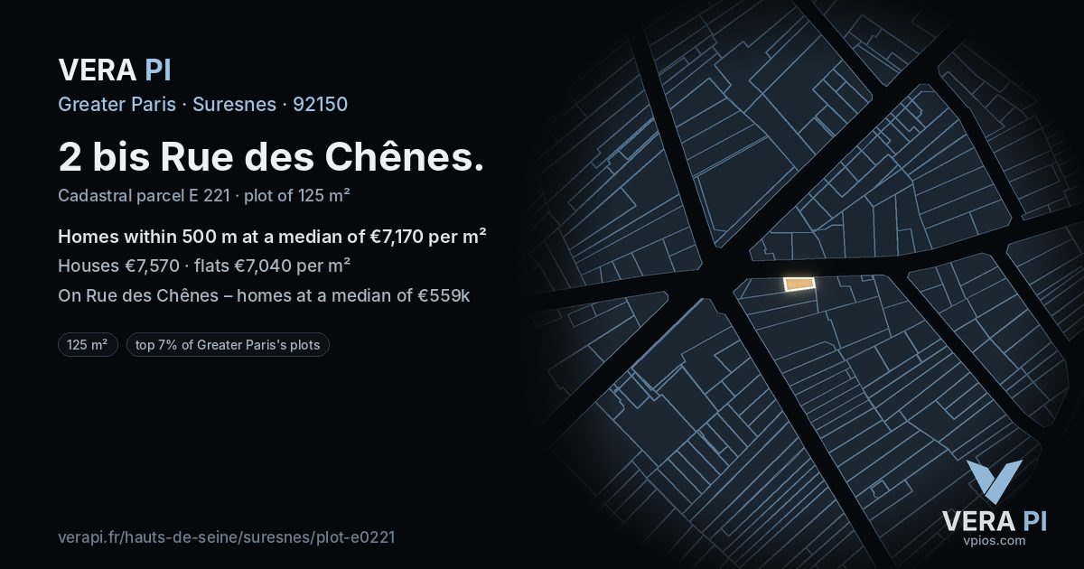 2 bis Rue des Chênes, Suresnes at night – the plot lit, the parcels around coloured by the prices near them
