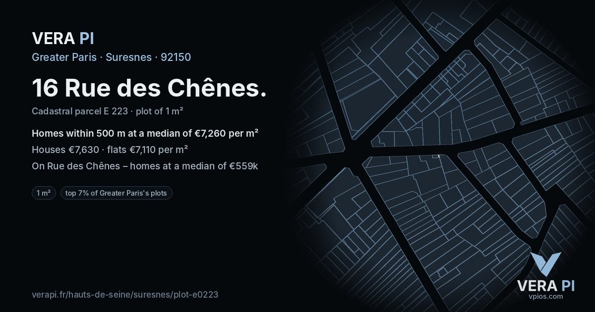 16 Rue des Chênes, Suresnes at night – the plot lit, the parcels around coloured by the prices near them