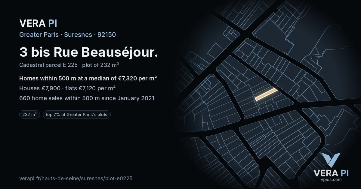 3 bis Rue Beauséjour, Suresnes at night – the plot lit, the parcels around coloured by the prices near them
