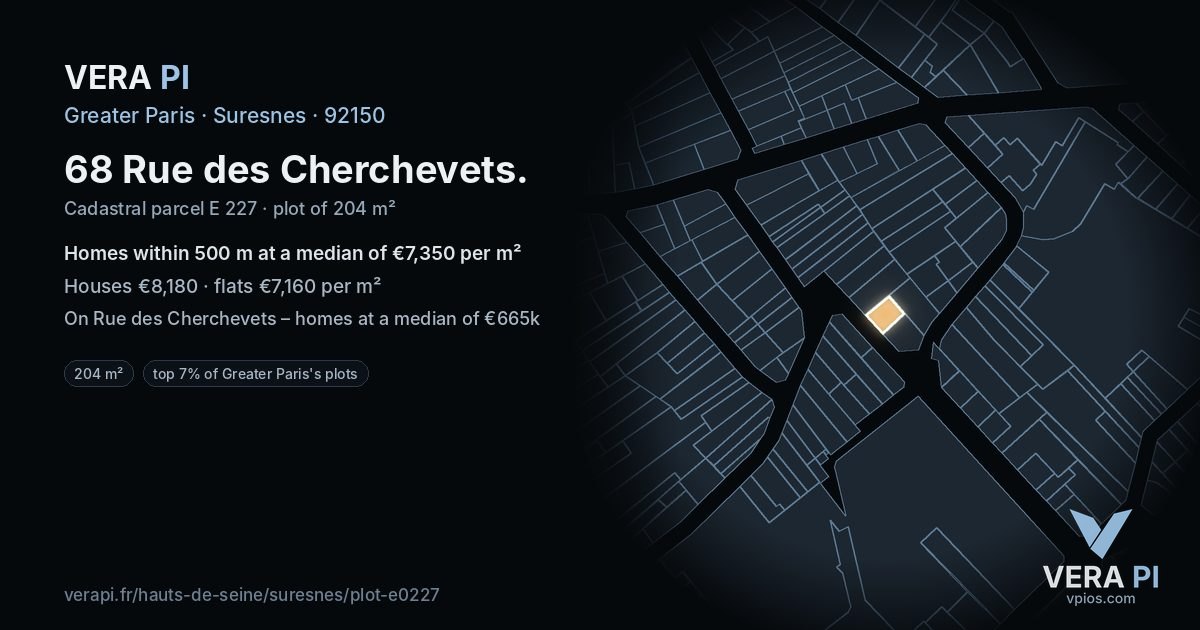 68 Rue des Cherchevets, Suresnes at night – the plot lit, the parcels around coloured by the prices near them