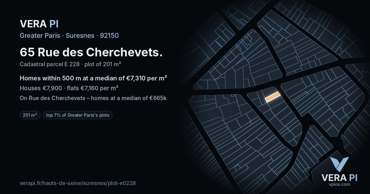 65 Rue des Cherchevets, Suresnes at night – the plot lit, the parcels around coloured by the prices near them