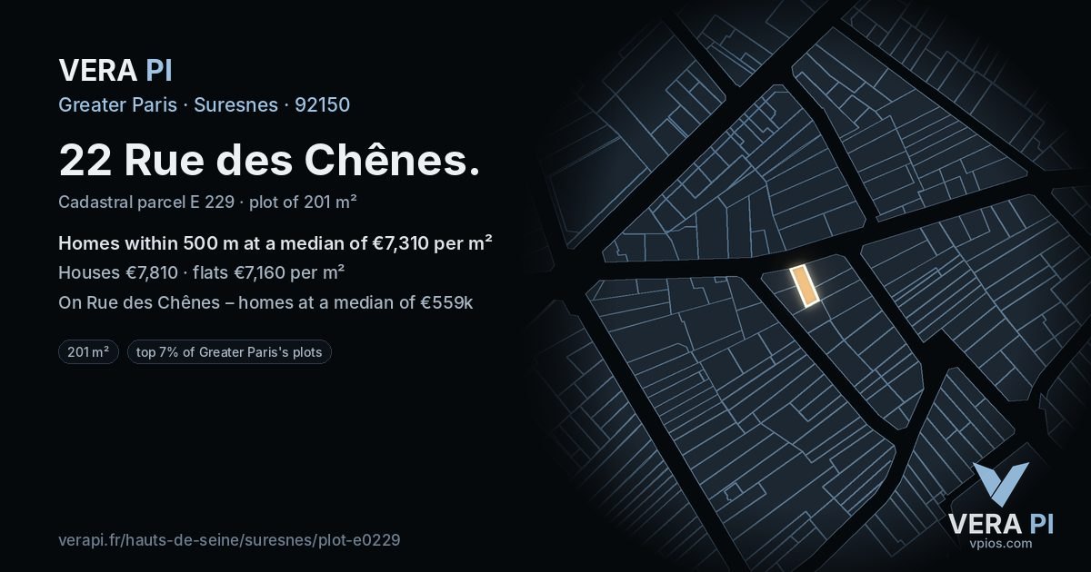 22 Rue des Chênes, Suresnes at night – the plot lit, the parcels around coloured by the prices near them