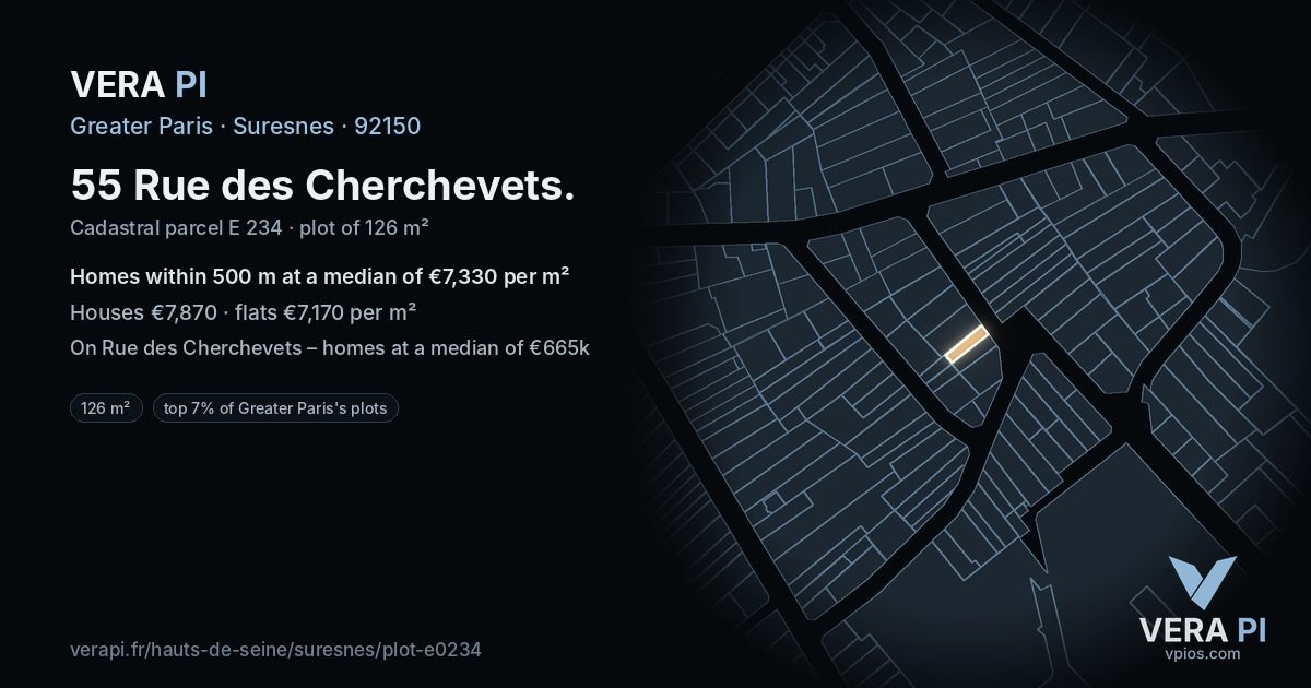 55 Rue des Cherchevets, Suresnes at night – the plot lit, the parcels around coloured by the prices near them