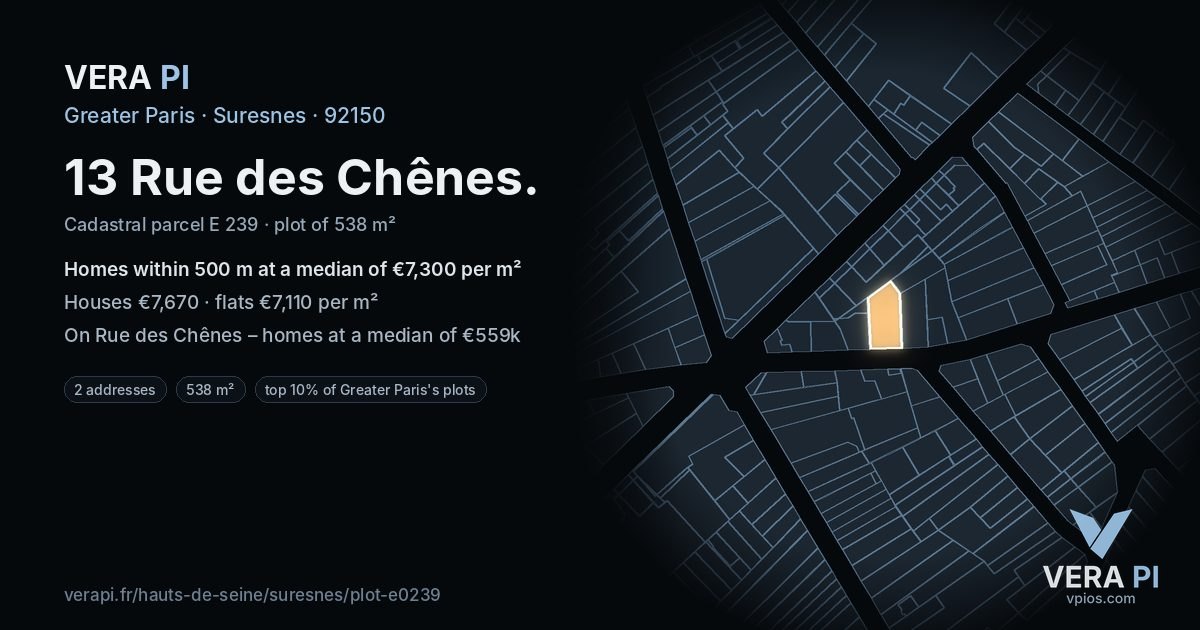 13 Rue des Chênes, Suresnes at night – the plot lit, the parcels around coloured by the prices near them