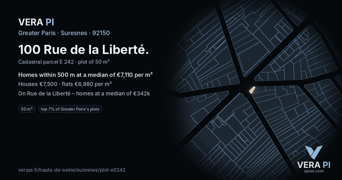 100 Rue de la Liberté, Suresnes at night – the plot lit, the parcels around coloured by the prices near them