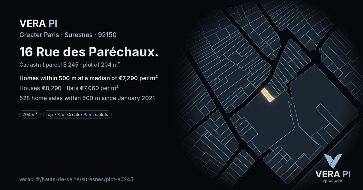 16 Rue des Paréchaux, Suresnes at night – the plot lit, the parcels around coloured by the prices near them