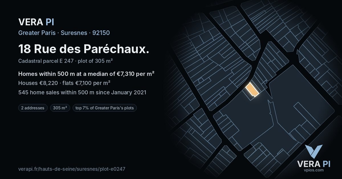 18 Rue des Paréchaux, Suresnes at night – the plot lit, the parcels around coloured by the prices near them