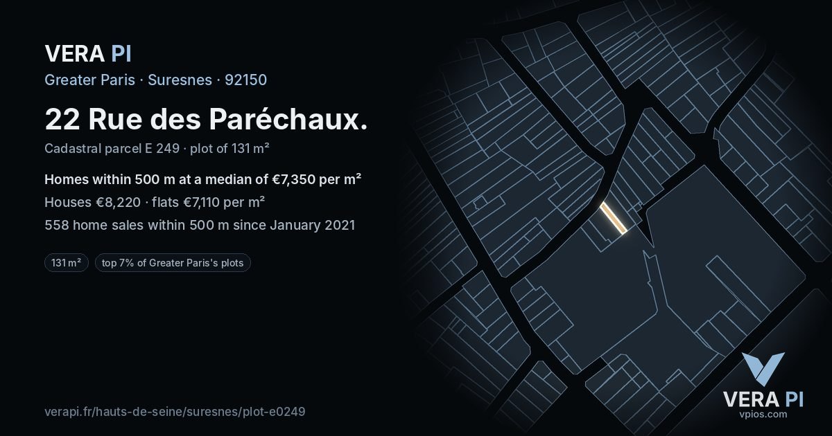 22 Rue des Paréchaux, Suresnes at night – the plot lit, the parcels around coloured by the prices near them