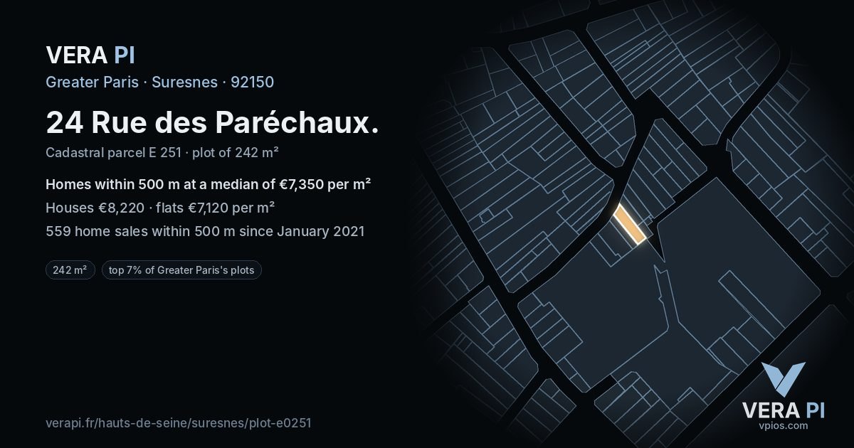 24 Rue des Paréchaux, Suresnes at night – the plot lit, the parcels around coloured by the prices near them