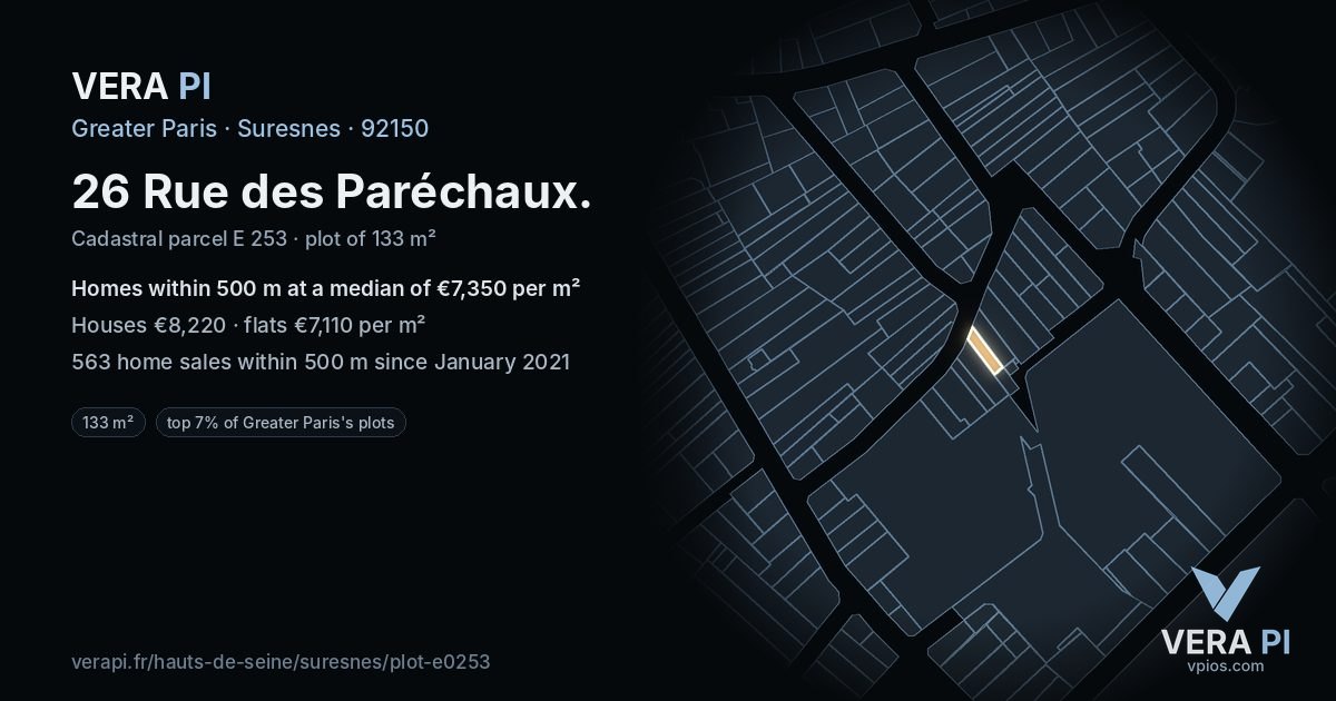 26 Rue des Paréchaux, Suresnes at night – the plot lit, the parcels around coloured by the prices near them