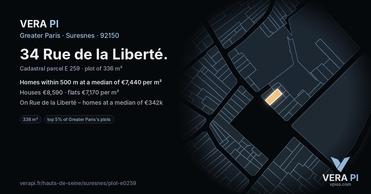 34 Rue de la Liberté, Suresnes at night – the plot lit, the parcels around coloured by the prices near them