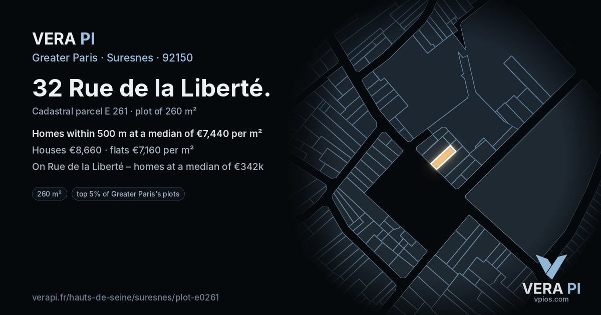 32 Rue de la Liberté, Suresnes at night – the plot lit, the parcels around coloured by the prices near them