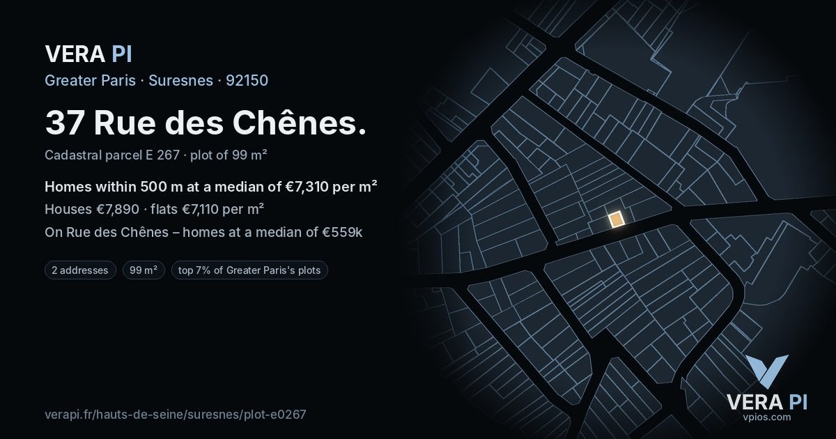 37 Rue des Chênes, Suresnes at night – the plot lit, the parcels around coloured by the prices near them
