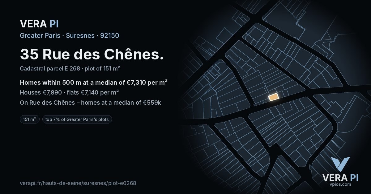 35 Rue des Chênes, Suresnes at night – the plot lit, the parcels around coloured by the prices near them