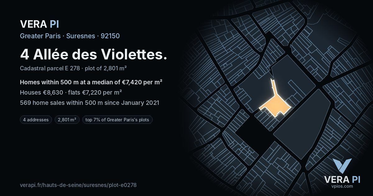 4 Allée des Violettes, Suresnes at night – the plot lit, the parcels around coloured by the prices near them
