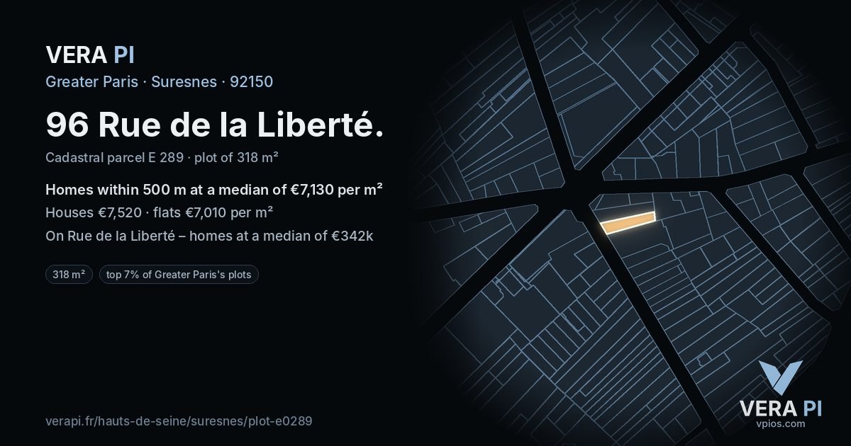 96 Rue de la Liberté, Suresnes at night – the plot lit, the parcels around coloured by the prices near them