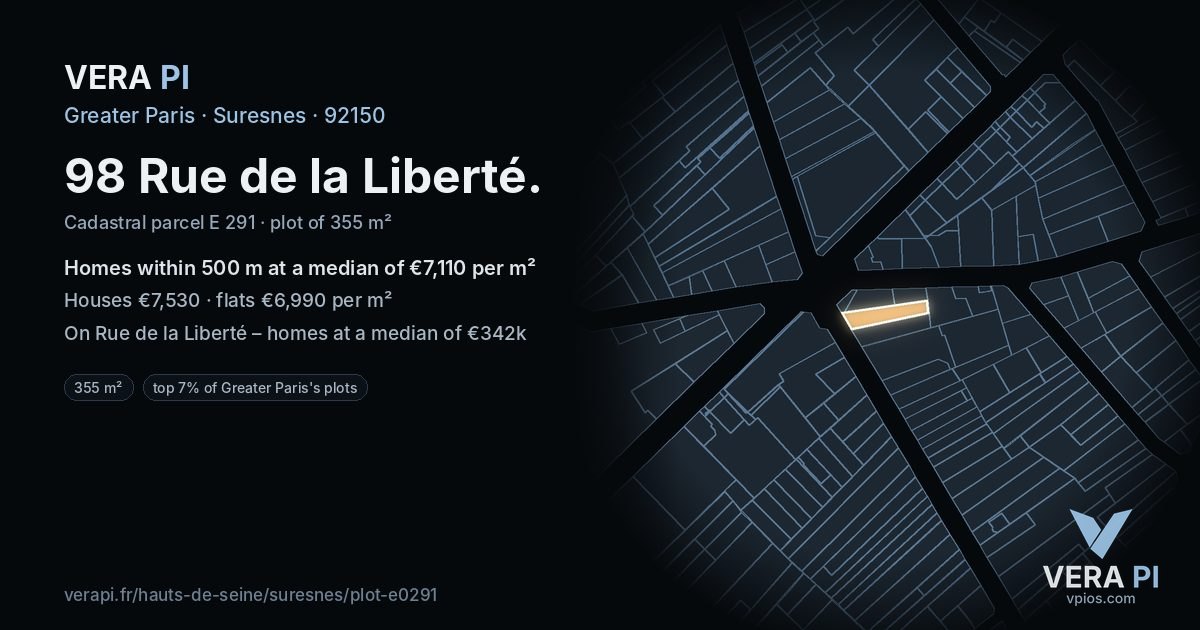 98 Rue de la Liberté, Suresnes at night – the plot lit, the parcels around coloured by the prices near them