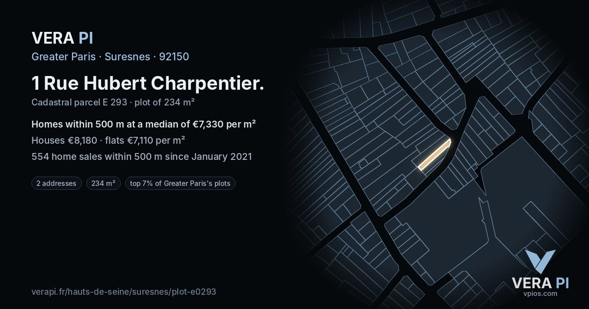 1 Rue Hubert Charpentier, Suresnes at night – the plot lit, the parcels around coloured by the prices near them