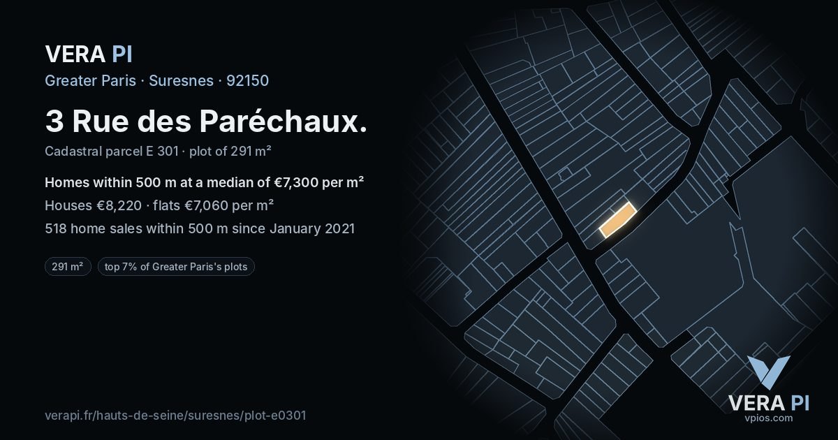 3 Rue des Paréchaux, Suresnes at night – the plot lit, the parcels around coloured by the prices near them