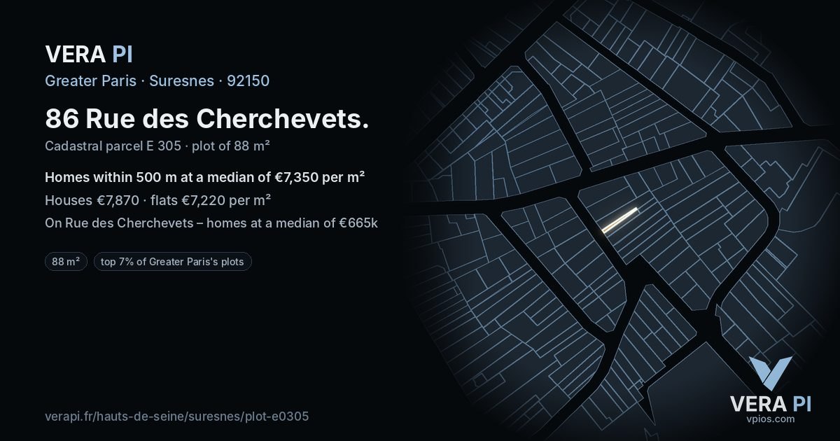 86 Rue des Cherchevets, Suresnes at night – the plot lit, the parcels around coloured by the prices near them