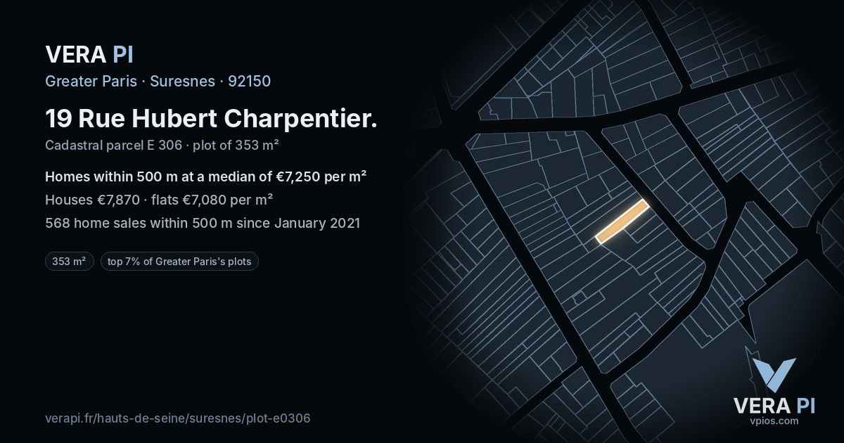 19 Rue Hubert Charpentier, Suresnes at night – the plot lit, the parcels around coloured by the prices near them