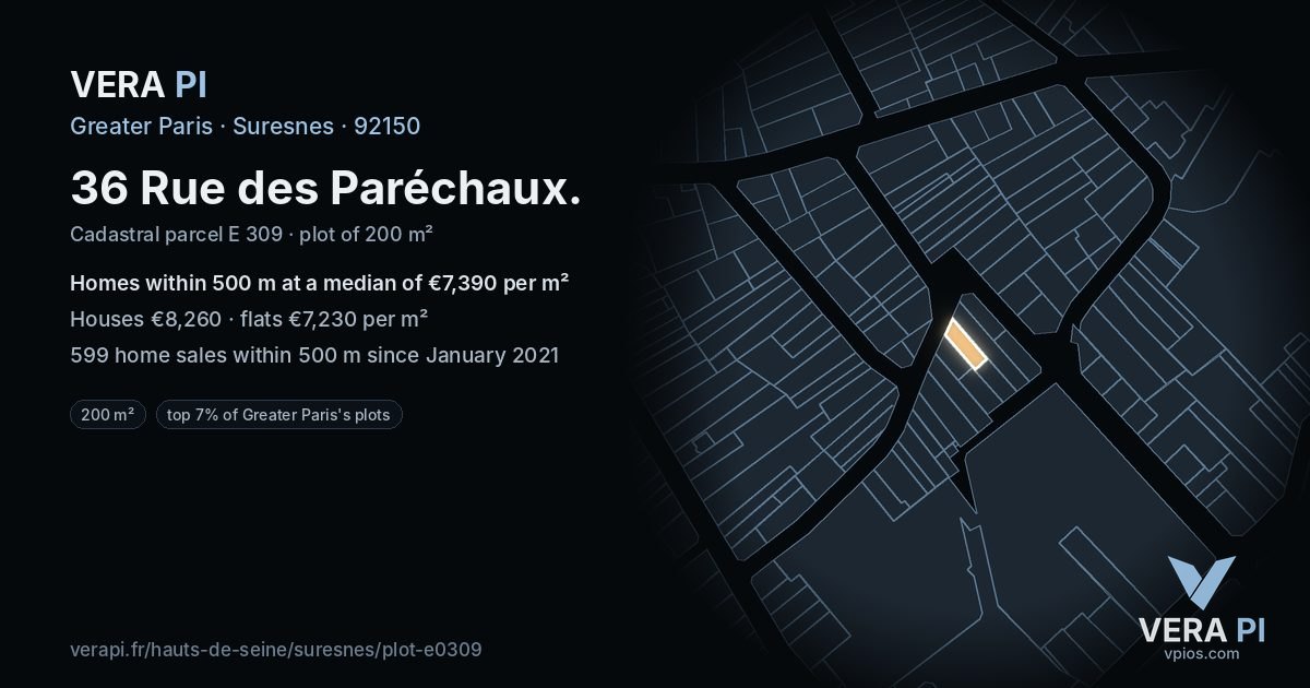 36 Rue des Paréchaux, Suresnes at night – the plot lit, the parcels around coloured by the prices near them