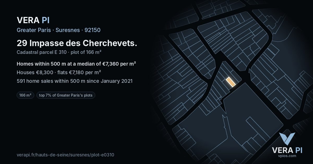 29 Impasse des Cherchevets, Suresnes at night – the plot lit, the parcels around coloured by the prices near them