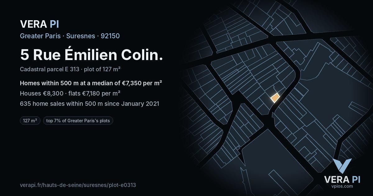 5 Rue Émilien Colin, Suresnes at night – the plot lit, the parcels around coloured by the prices near them