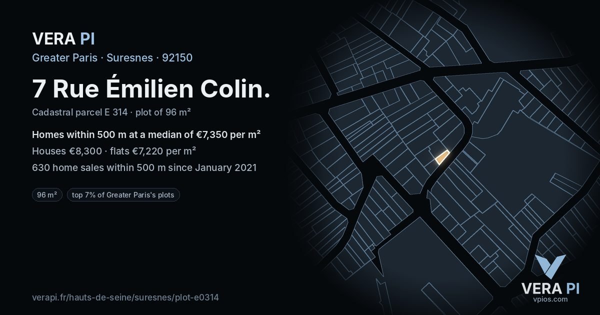 7 Rue Émilien Colin, Suresnes at night – the plot lit, the parcels around coloured by the prices near them