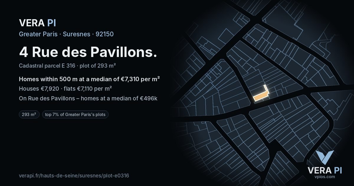 4 Rue des Pavillons, Suresnes at night – the plot lit, the parcels around coloured by the prices near them