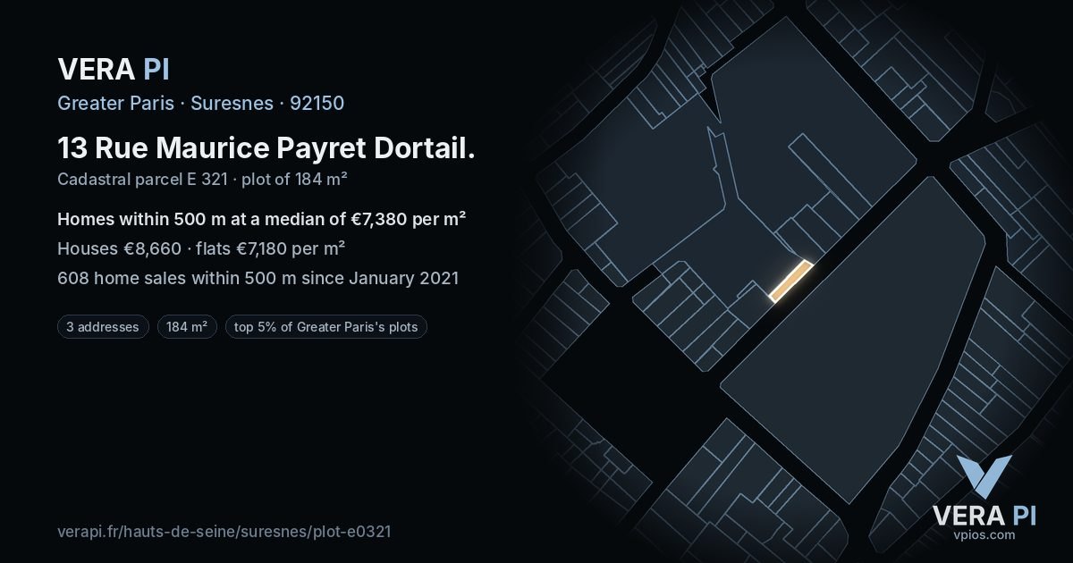 13 Rue Maurice Payret Dortail, Suresnes at night – the plot lit, the parcels around coloured by the prices near them