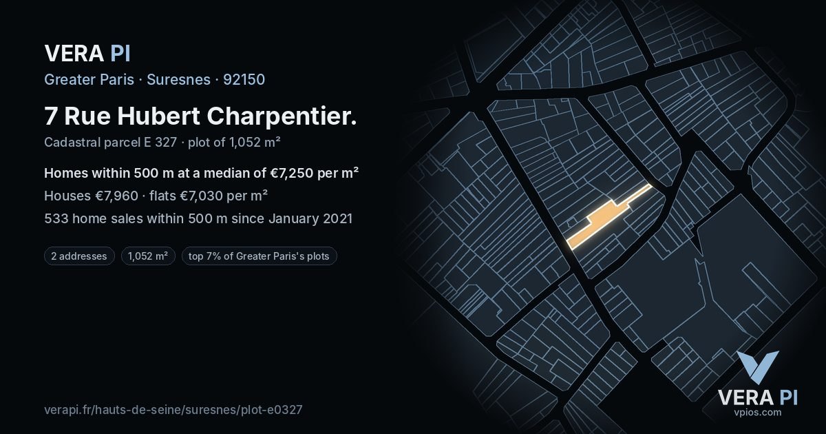 7 Rue Hubert Charpentier, Suresnes at night – the plot lit, the parcels around coloured by the prices near them