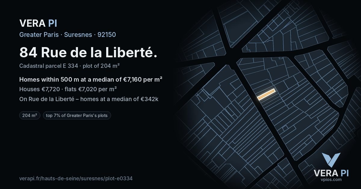 84 Rue de la Liberté, Suresnes at night – the plot lit, the parcels around coloured by the prices near them