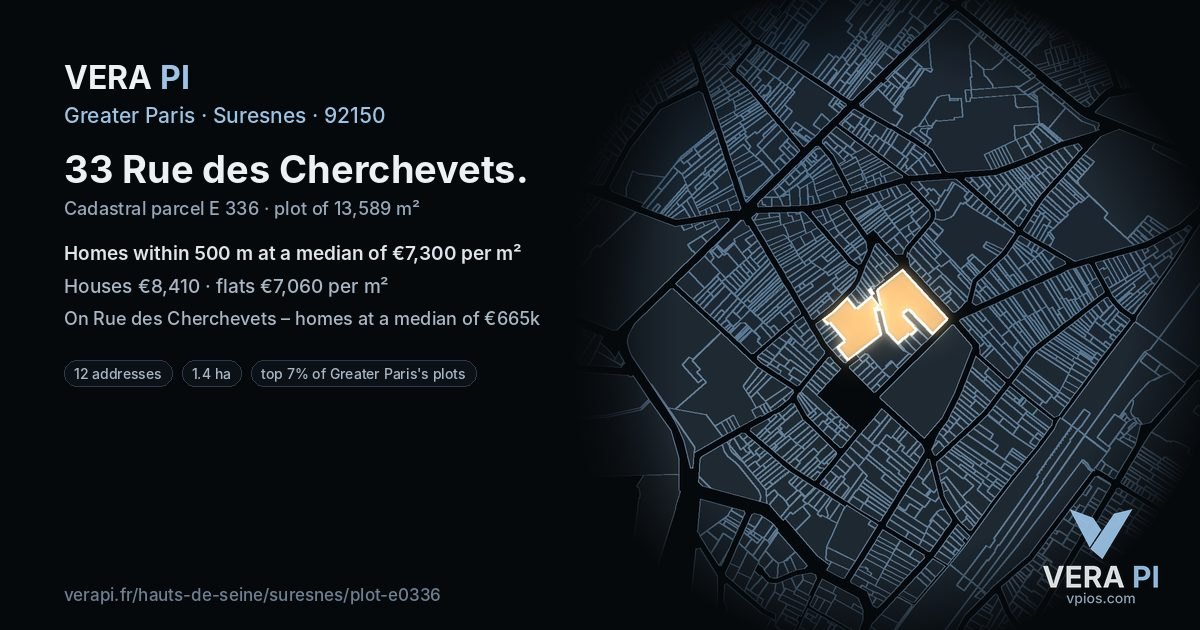33 Rue des Cherchevets, Suresnes at night – the plot lit, the parcels around coloured by the prices near them