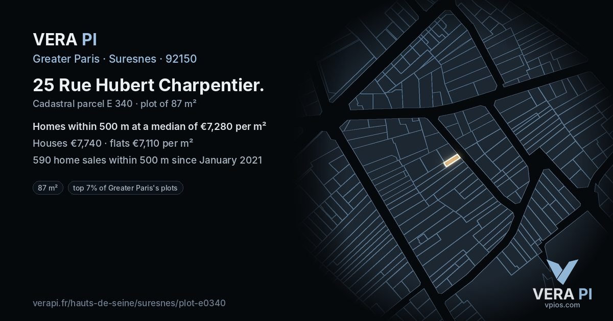 25 Rue Hubert Charpentier, Suresnes at night – the plot lit, the parcels around coloured by the prices near them