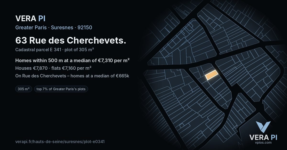 63 Rue des Cherchevets, Suresnes at night – the plot lit, the parcels around coloured by the prices near them