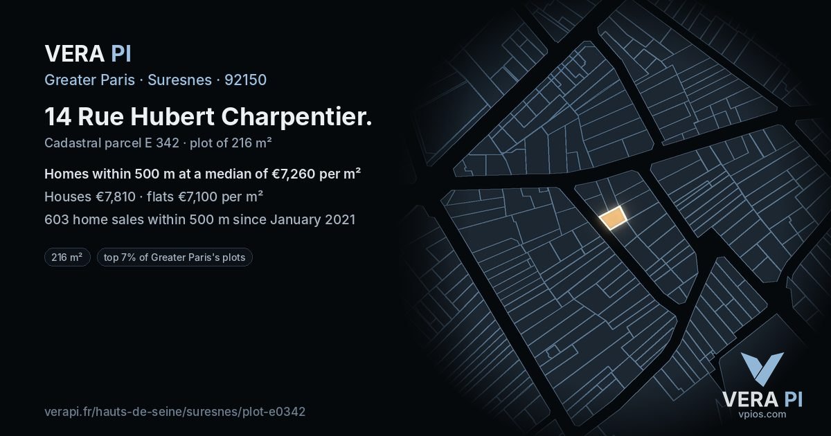 14 Rue Hubert Charpentier, Suresnes at night – the plot lit, the parcels around coloured by the prices near them