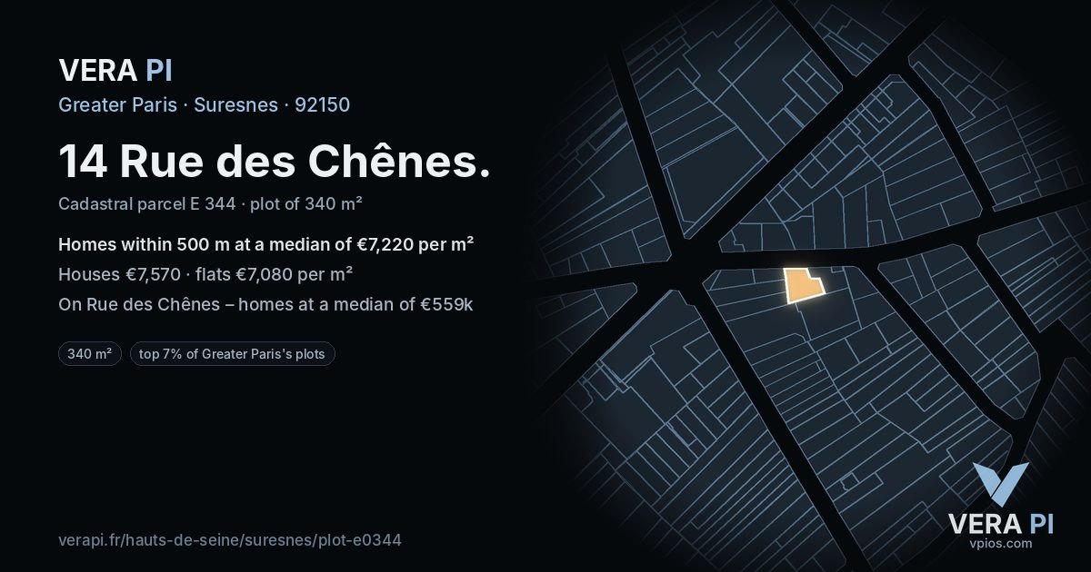 14 Rue des Chênes, Suresnes at night – the plot lit, the parcels around coloured by the prices near them