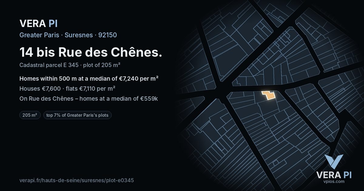 14 bis Rue des Chênes, Suresnes at night – the plot lit, the parcels around coloured by the prices near them