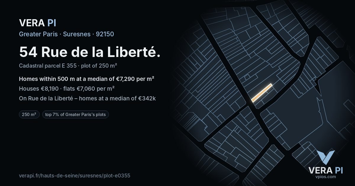 54 Rue de la Liberté, Suresnes at night – the plot lit, the parcels around coloured by the prices near them